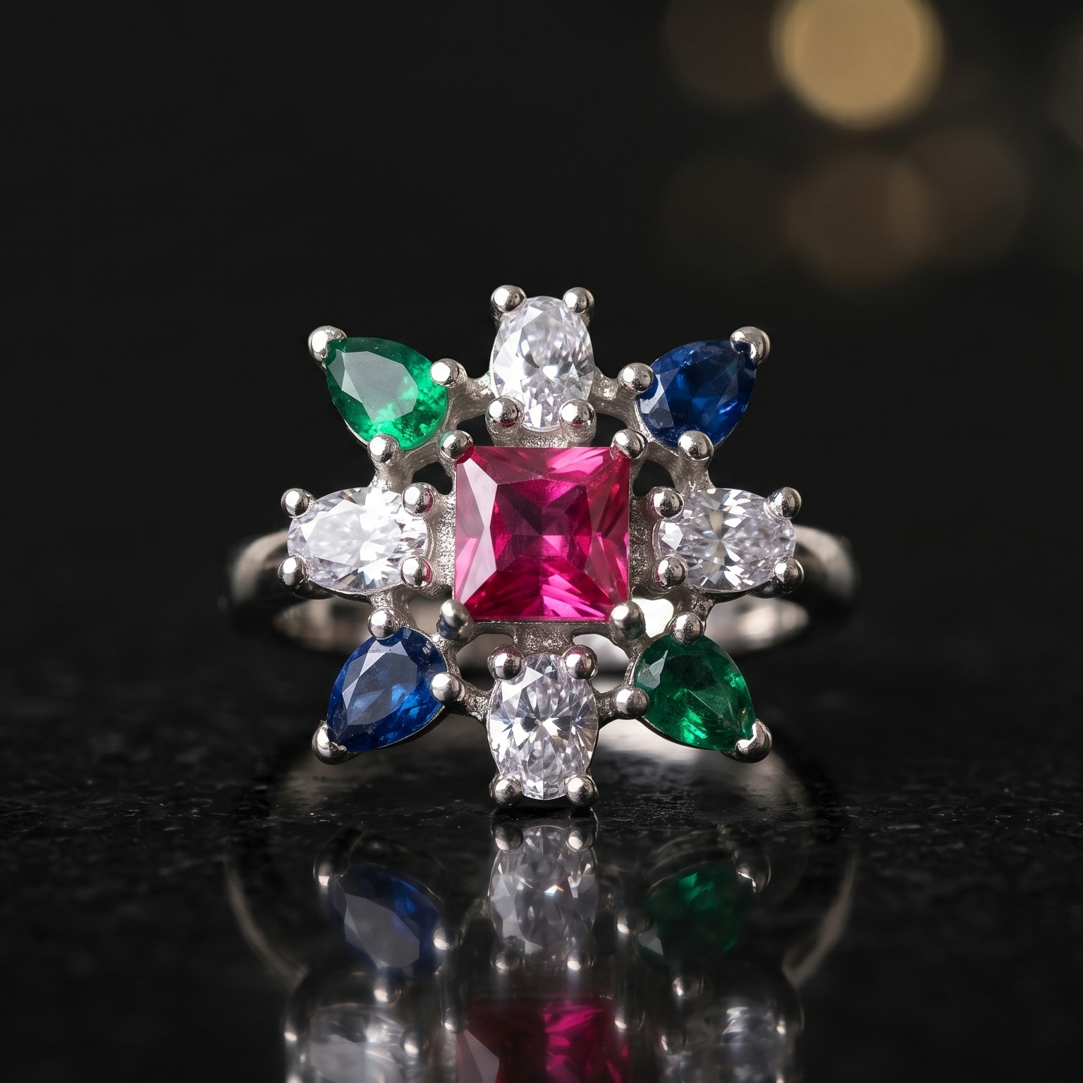 Multicolored gemstone ring on a reflective surface with a blurred background