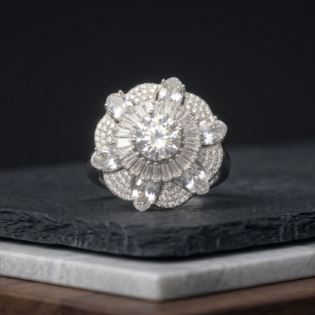 Diamond ring on a dark stone surface with a black background