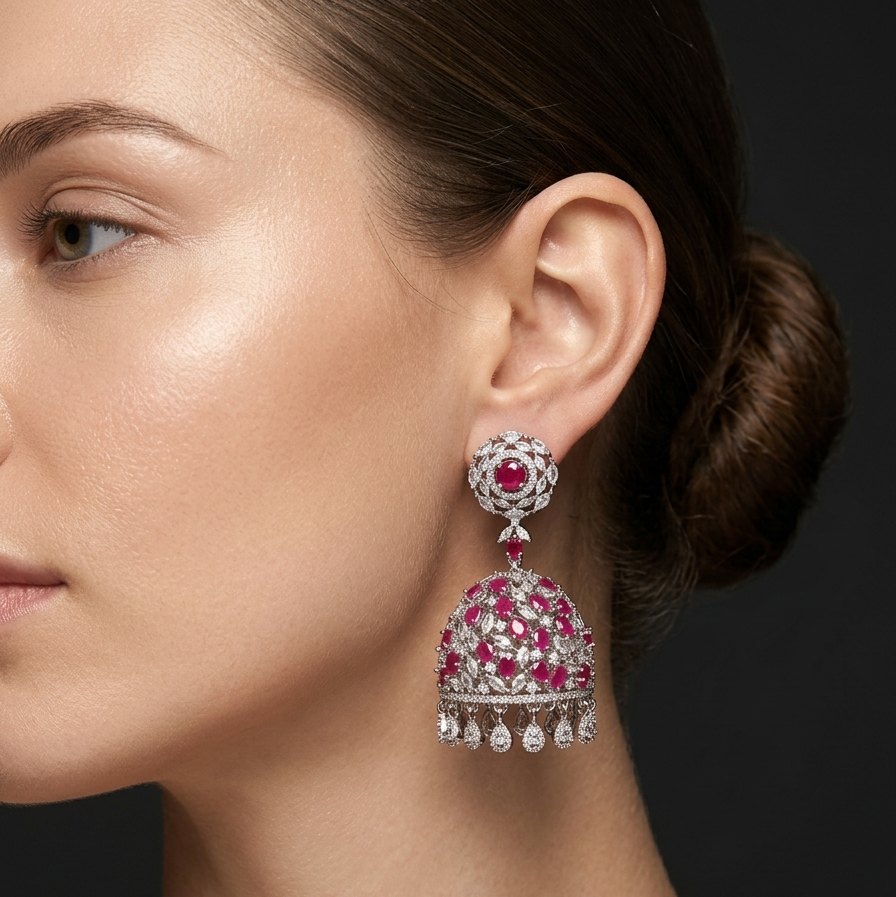 Close-up of a woman wearing a sparkling earring with gemstones on a dark background