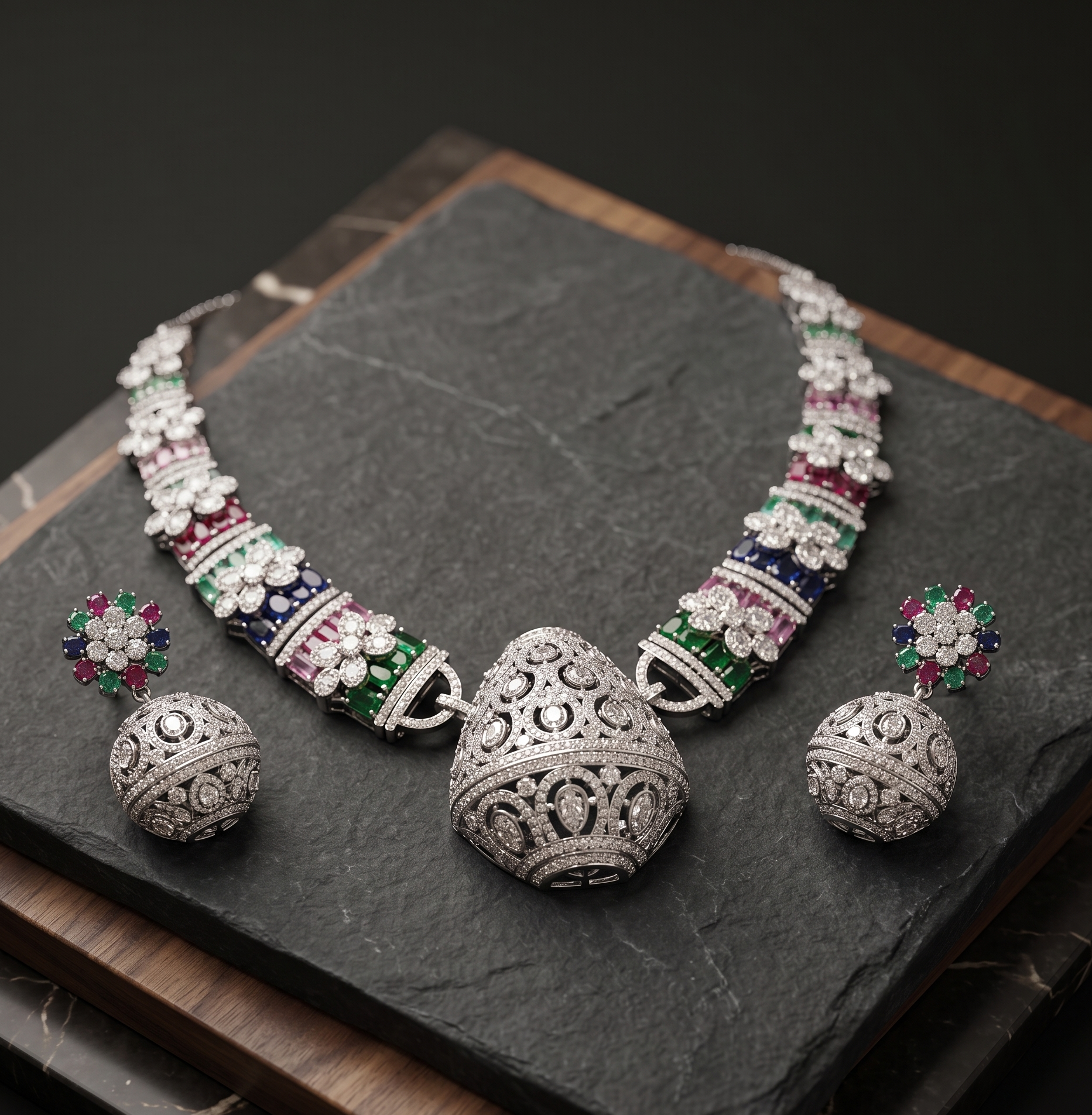 Silver jewelry set with gemstones on a dark surface