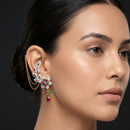 Close-up of a woman wearing a pair of ornate earrings with gemstones on a dark background