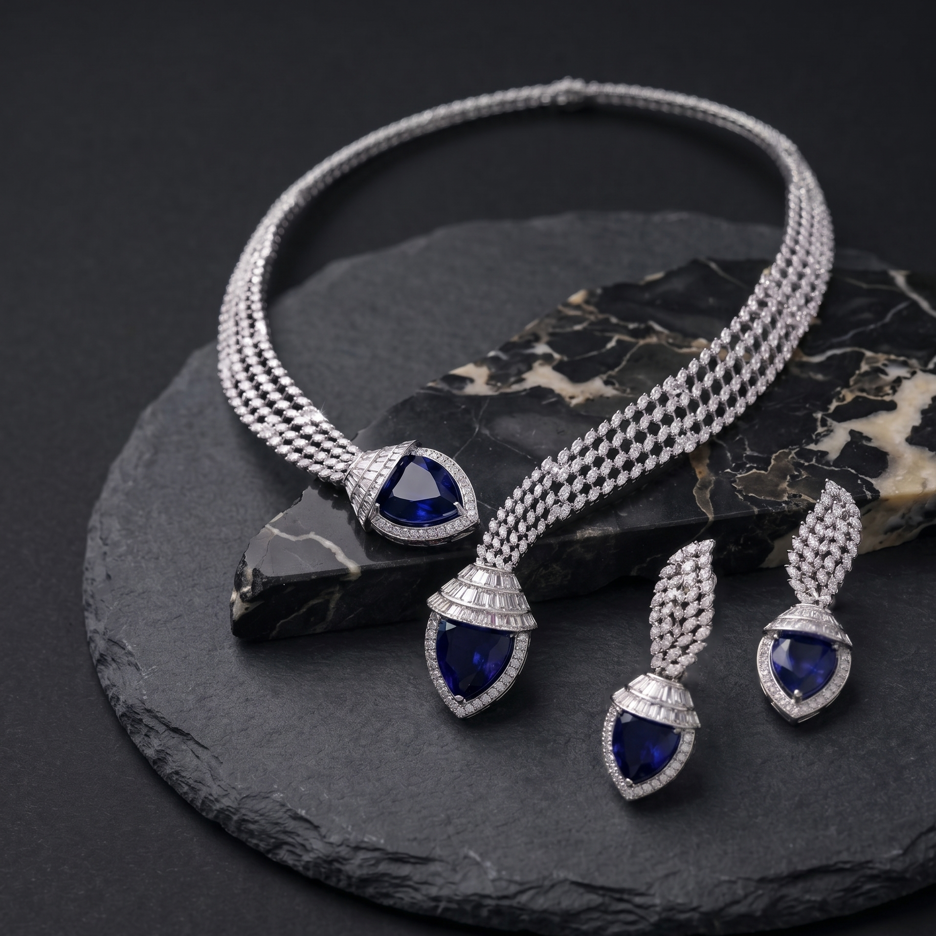 Jewelry set with necklace and earrings featuring blue gemstones on a dark surface