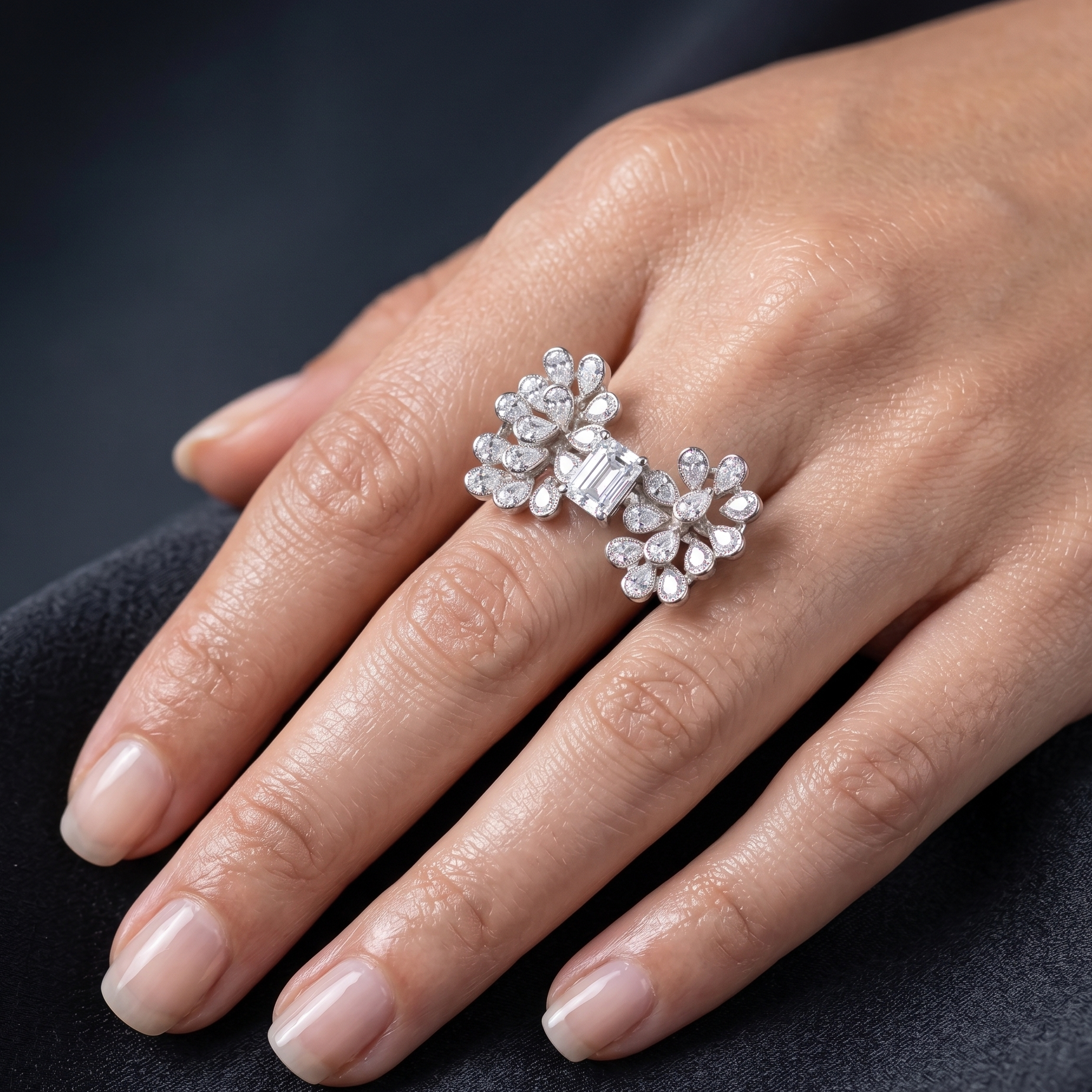 Close-up of a hand wearing a diamond ring on a dark background
