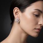 Close-up of a woman wearing a diamond earring against a dark background
