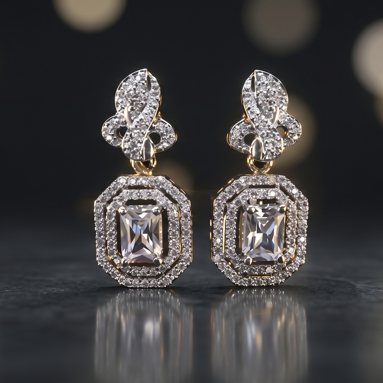 Pair of diamond earrings on a reflective surface with a blurred background