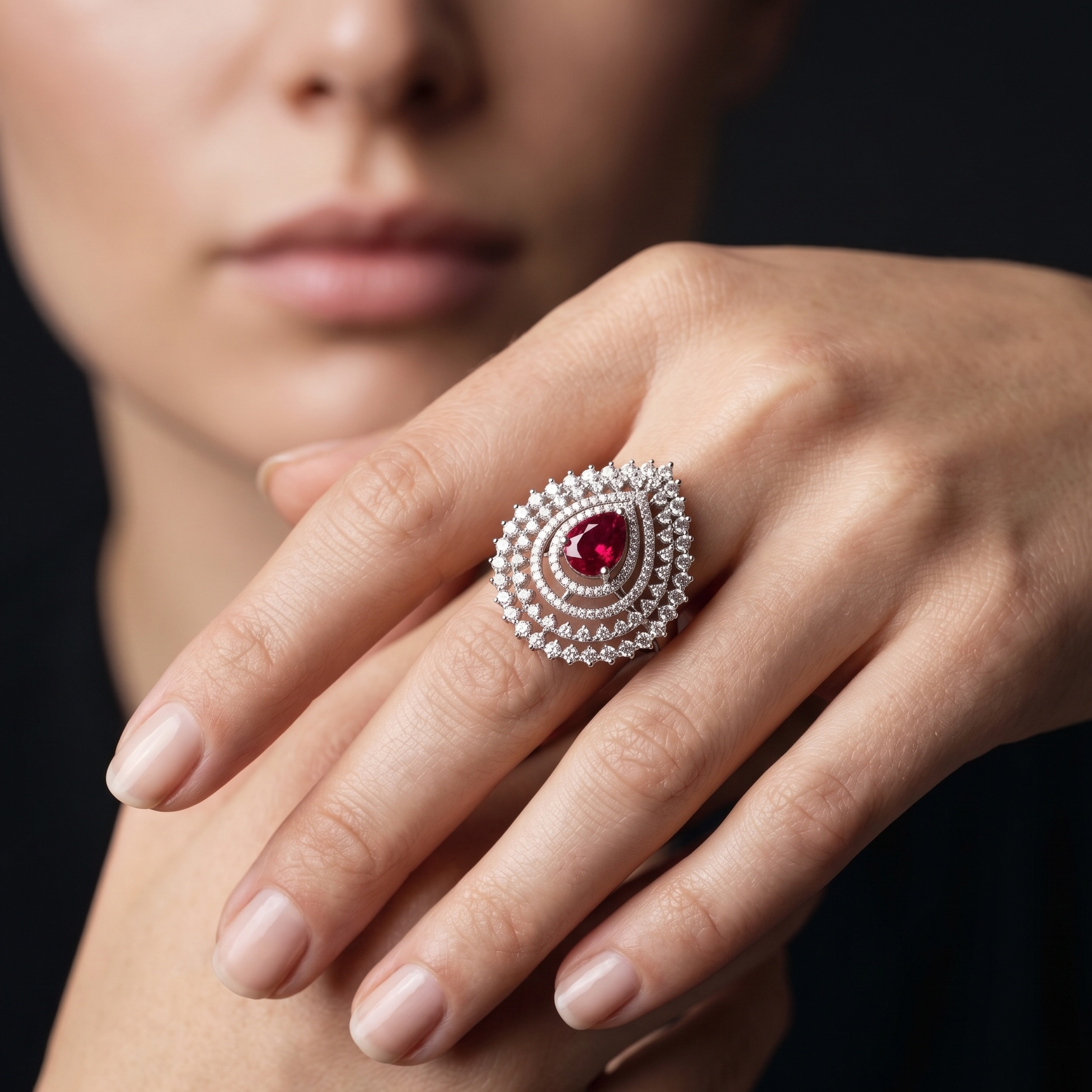 Close-up of a hand wearing a silver ring with a red gemstone against a dark background