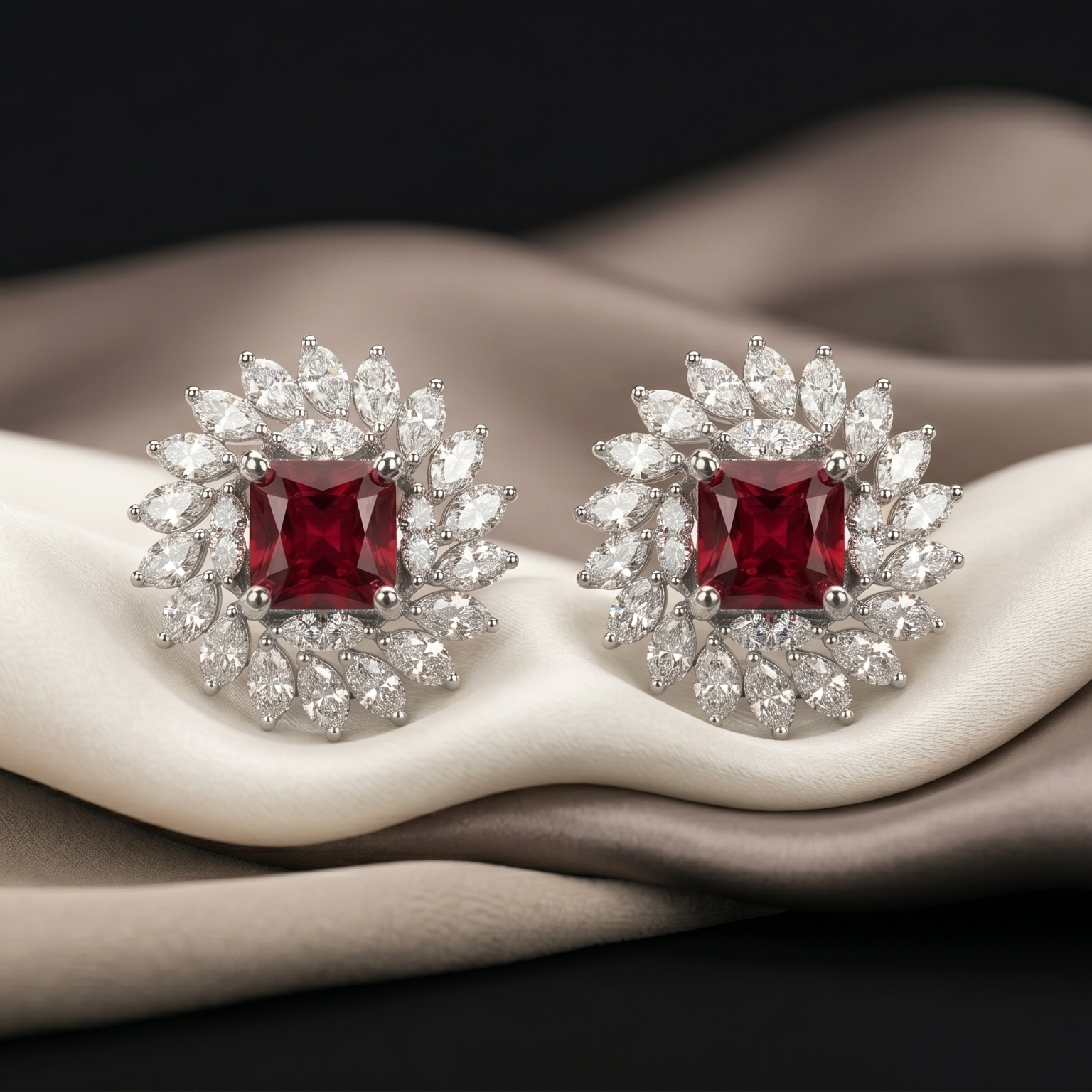 Pair of diamond earrings with red gemstones on a fabric background