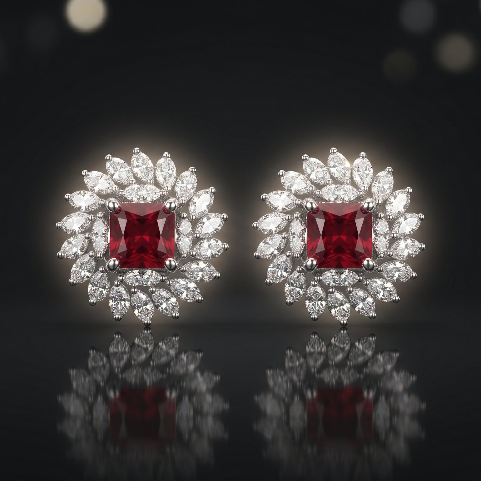 Pair of earrings with red gemstones and diamond-like stones on a dark background