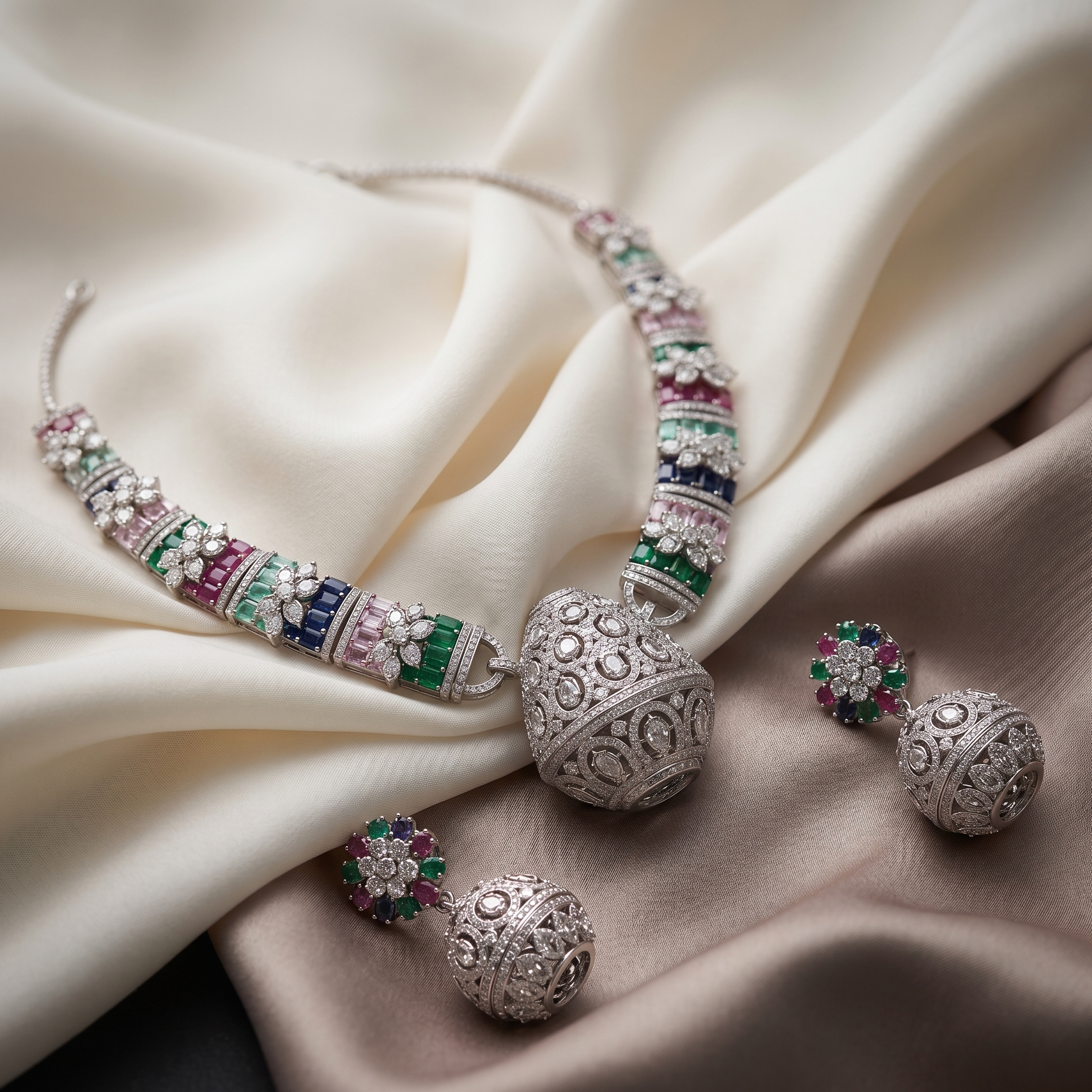 Silver jewelry set with colorful gemstones on a beige fabric background