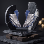 Pair of silver earrings with blue stones on a dark stone base