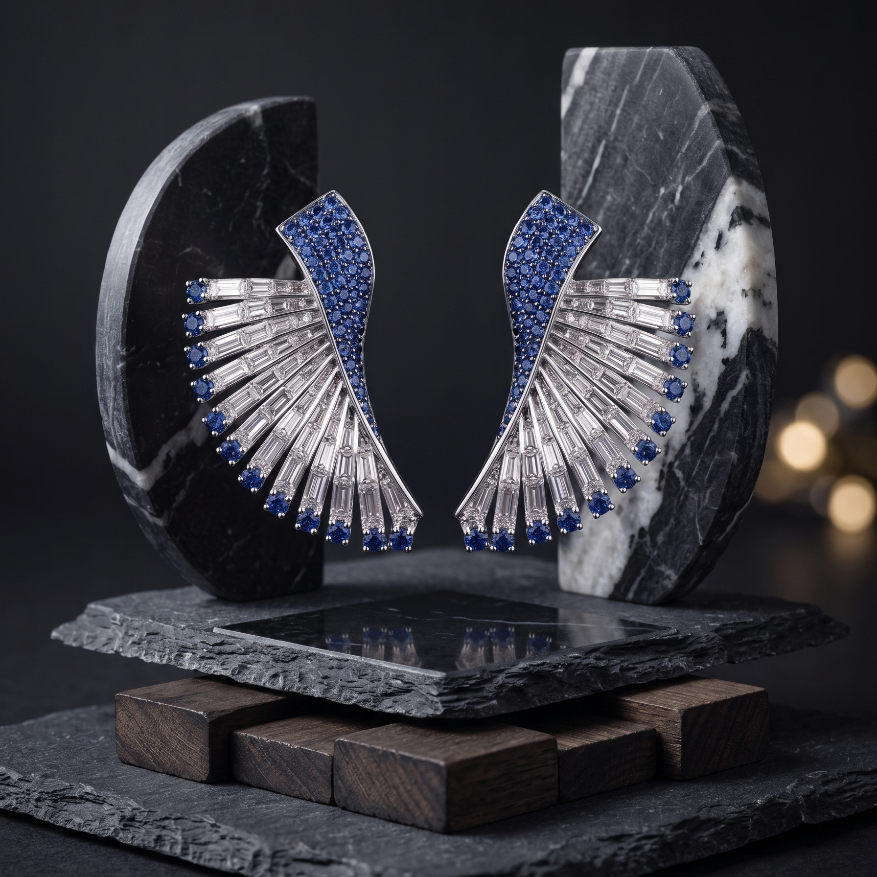 Pair of silver earrings with blue stones on a dark stone base