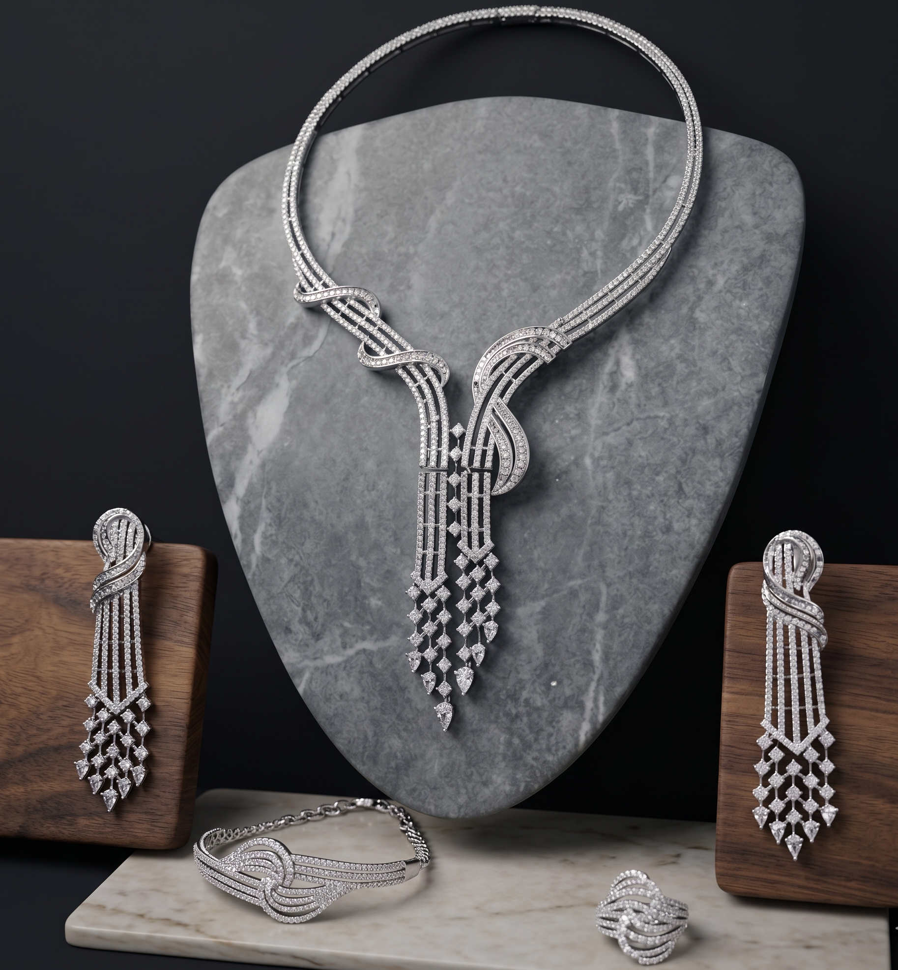 Silver jewelry set including necklace, earrings, bracelet, and ring on a dark background