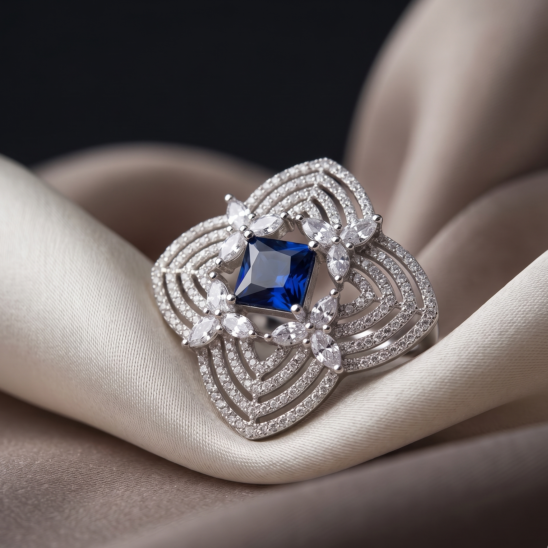 Elegant silver ring with a blue gemstone on a beige fabric background