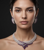 Woman wearing a luxurious necklace and earrings with purple gemstones on a black background