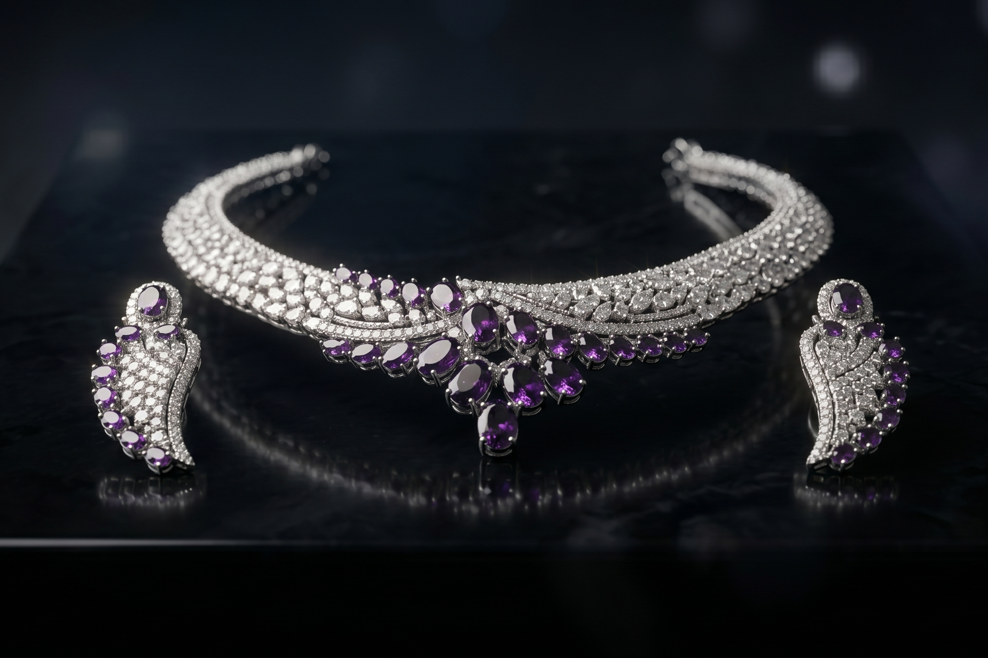 Silver bracelet and earrings with purple stones on a dark background