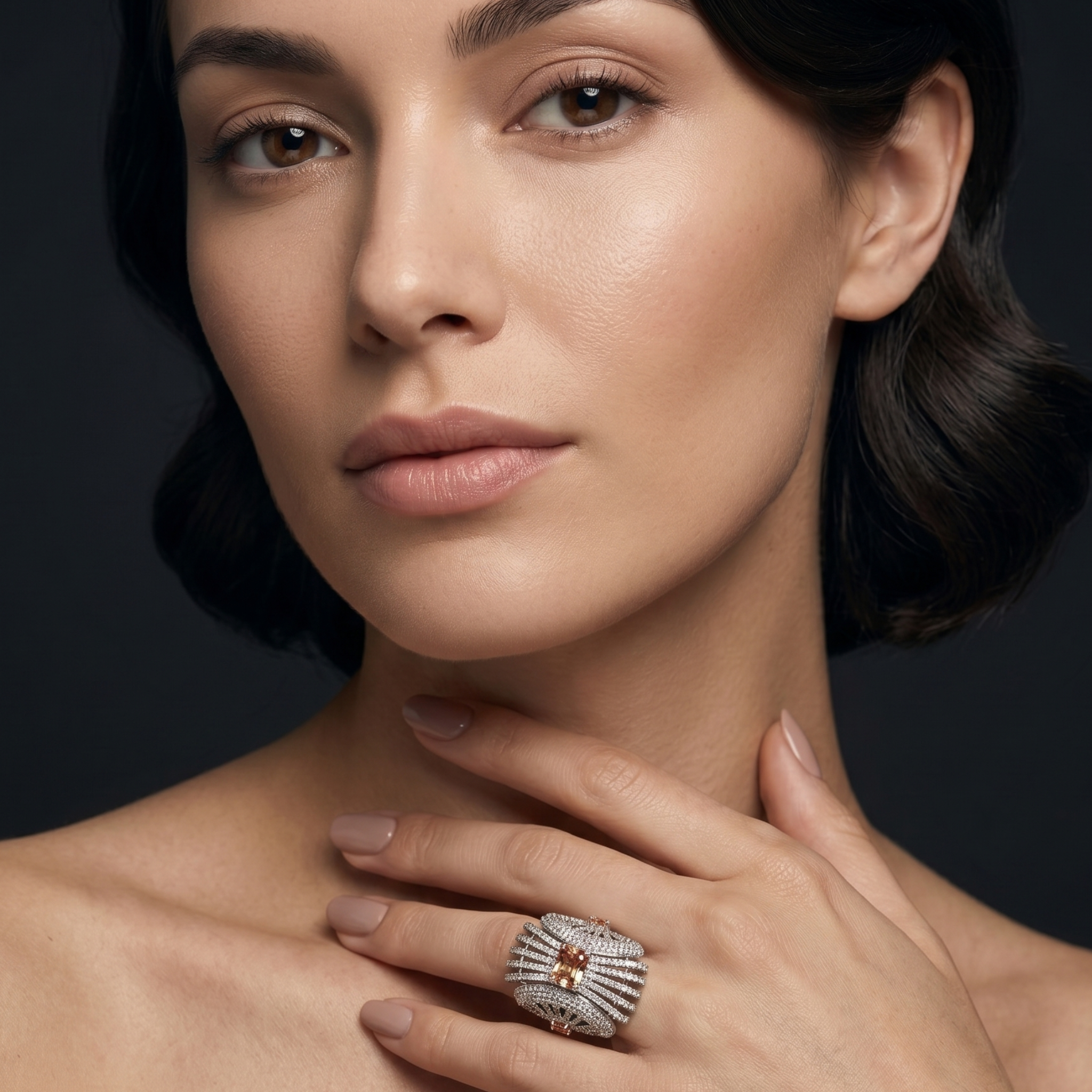 Woman wearing a silver ring with a central gemstone on a dark background