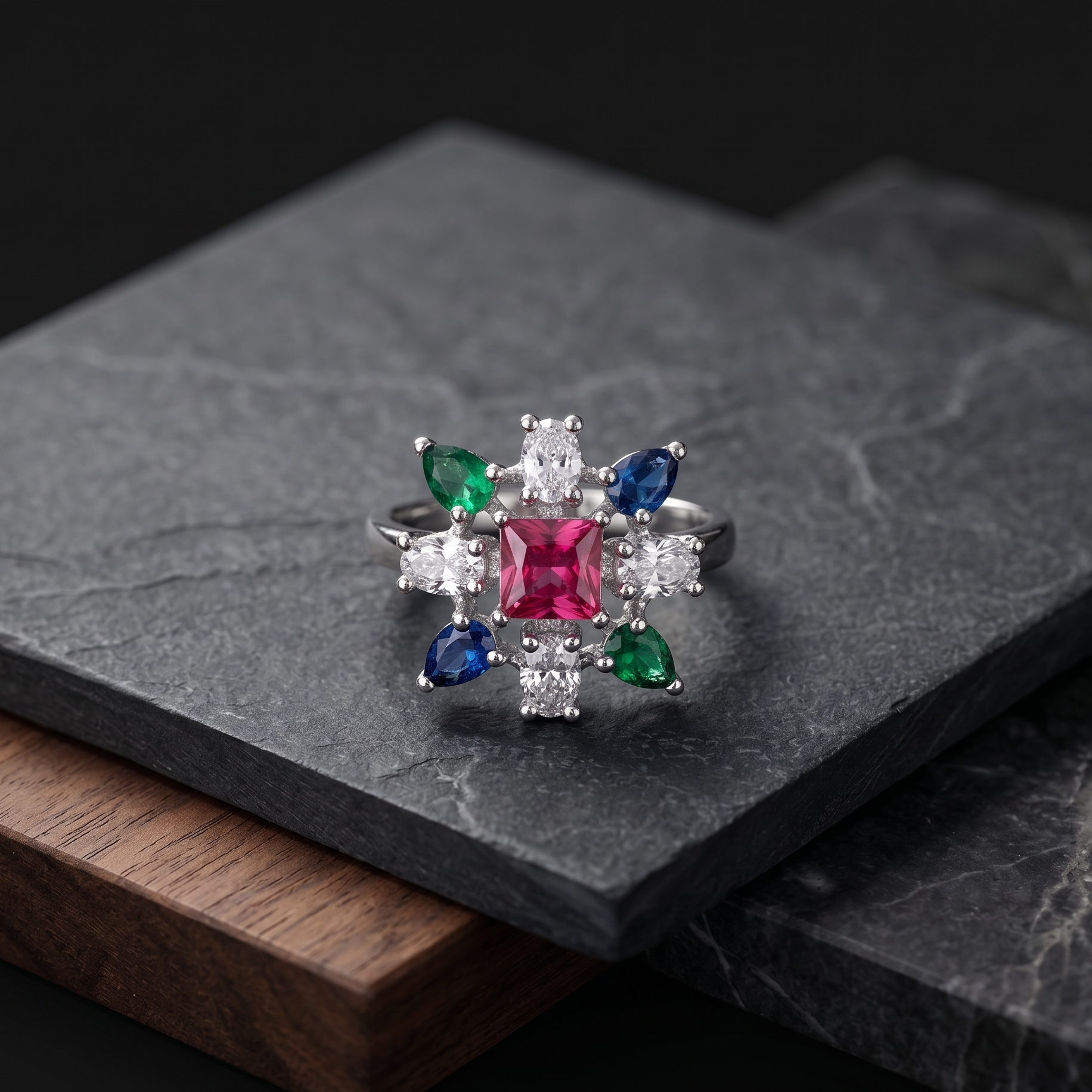 Ring with colorful gemstones on a dark stone surface