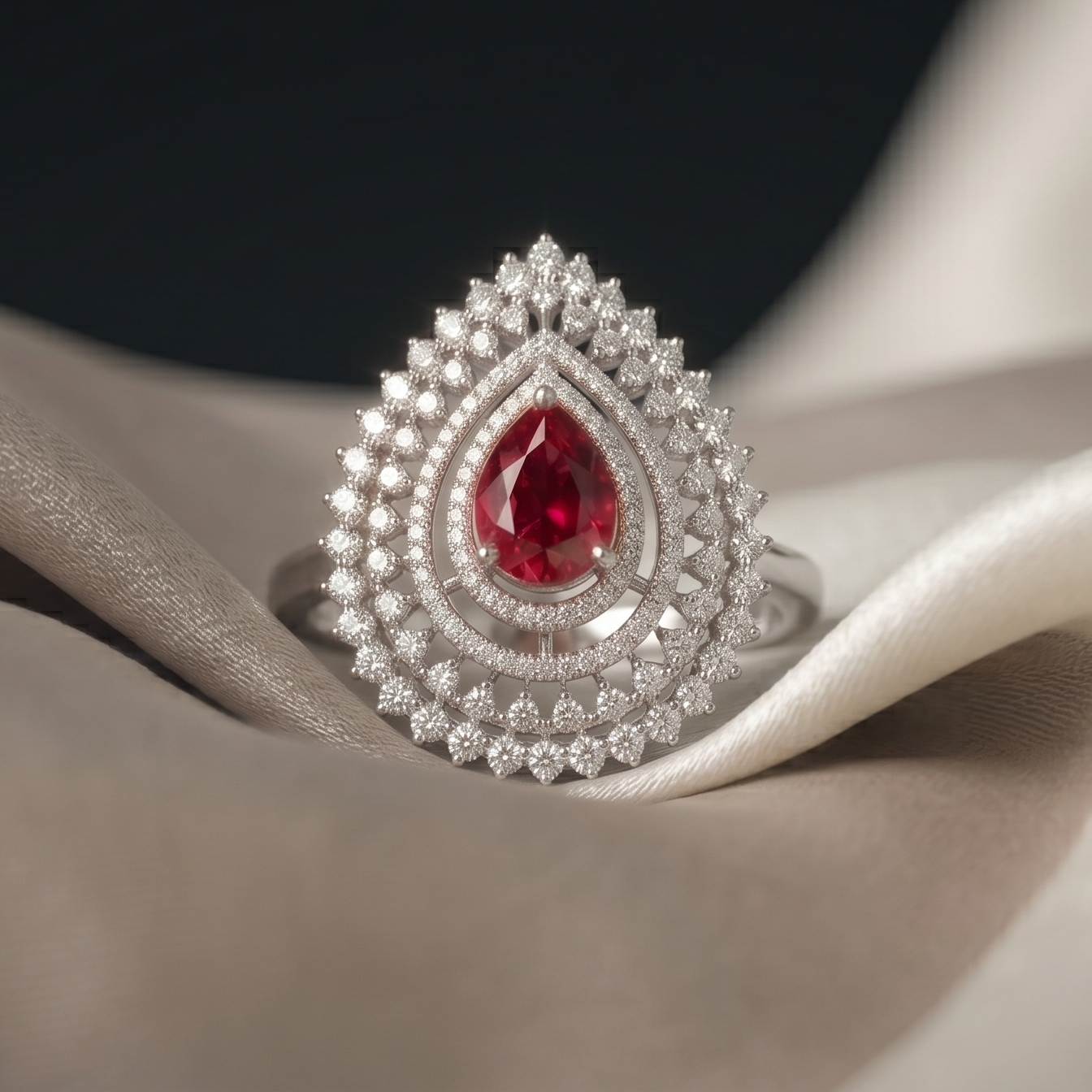 Teardrop-shaped ring with a red gemstone on a white fabric background