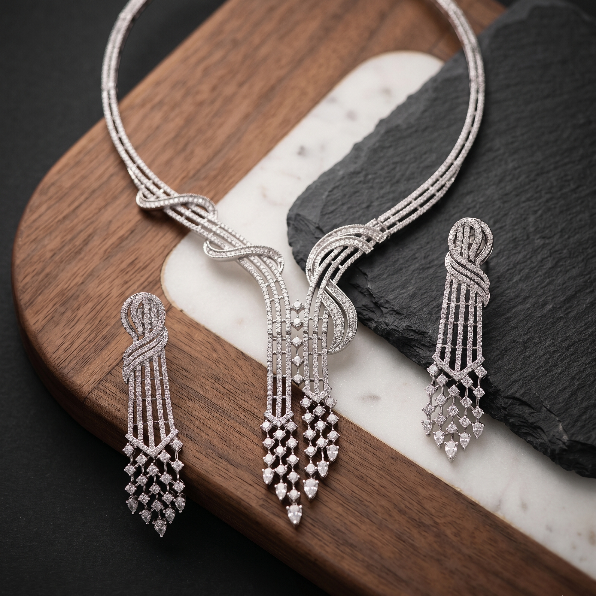Silver necklace and earrings on a wooden and marble surface