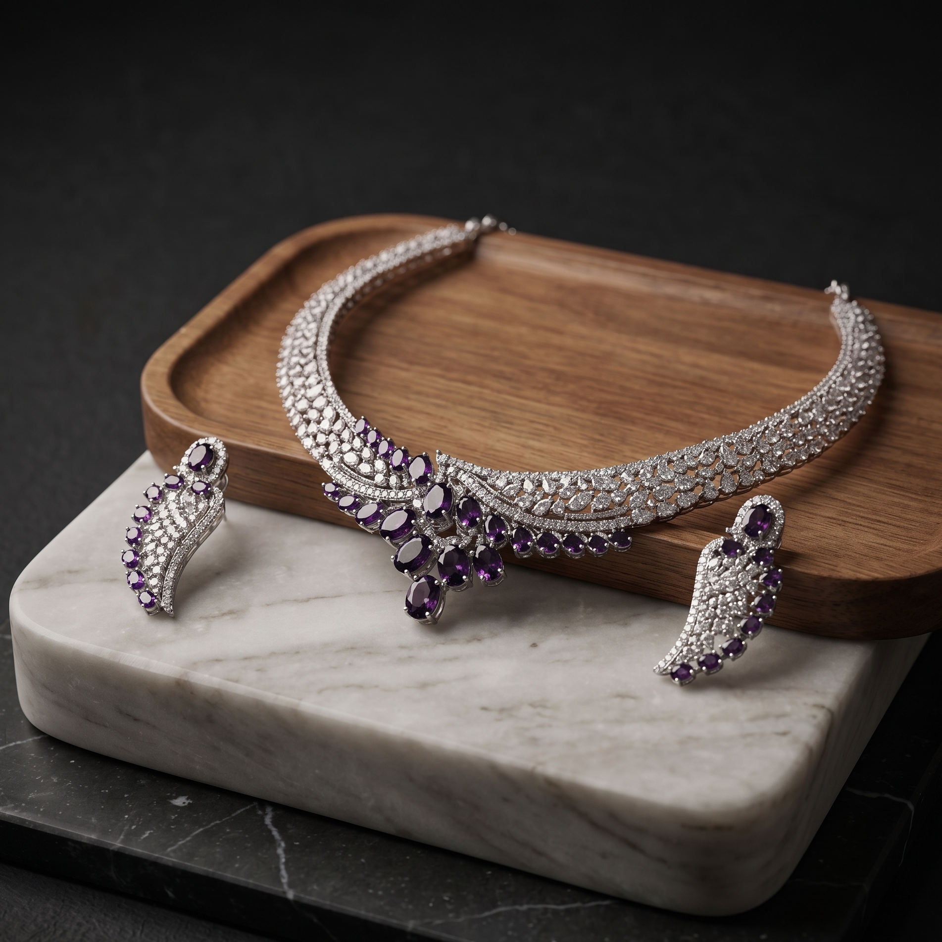 Jewelry set with necklace and earrings on a marble and wooden stand