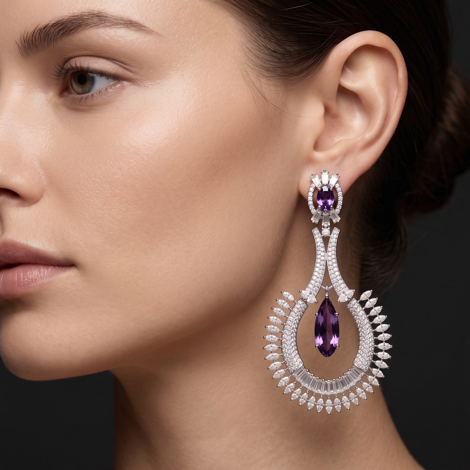 Close-up of a woman wearing a pair of purple gemstone earrings with a dark background