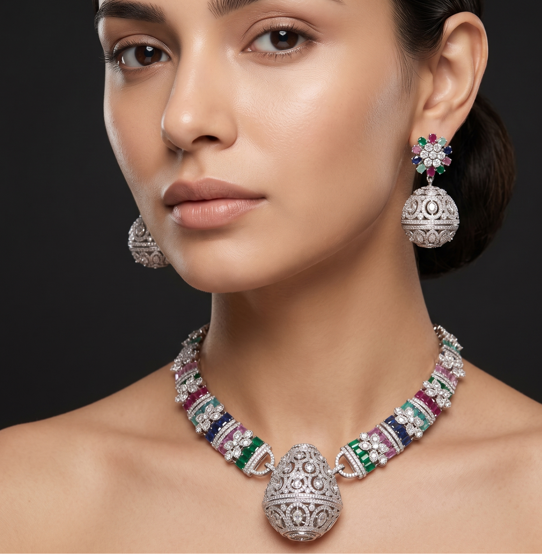 Woman wearing a luxurious diamond necklace and earrings on a dark background