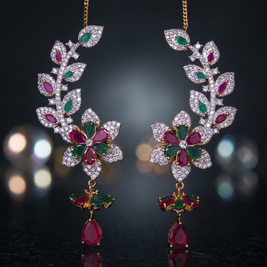 Ornate earrings with gemstones on a dark background
