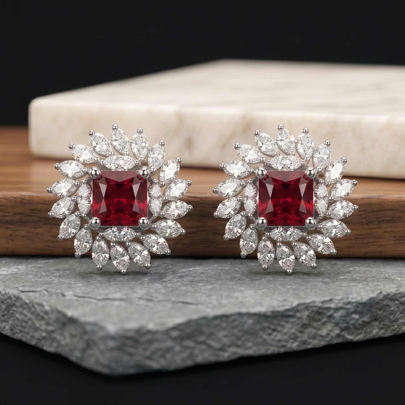 Pair of earrings with red gemstones on a wooden and stone surface