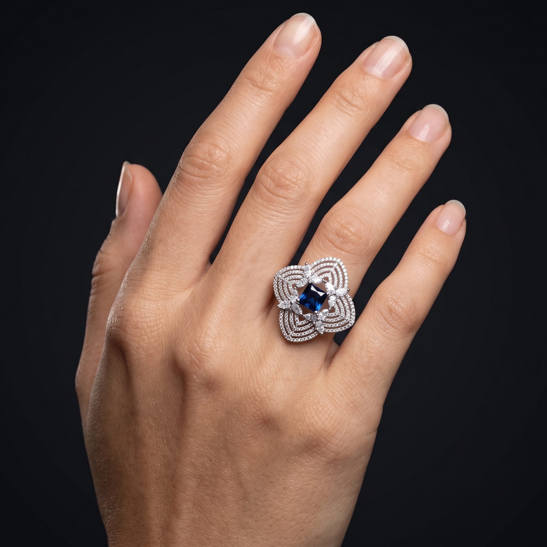 Hand wearing a decorative ring with a blue gemstone on a black background