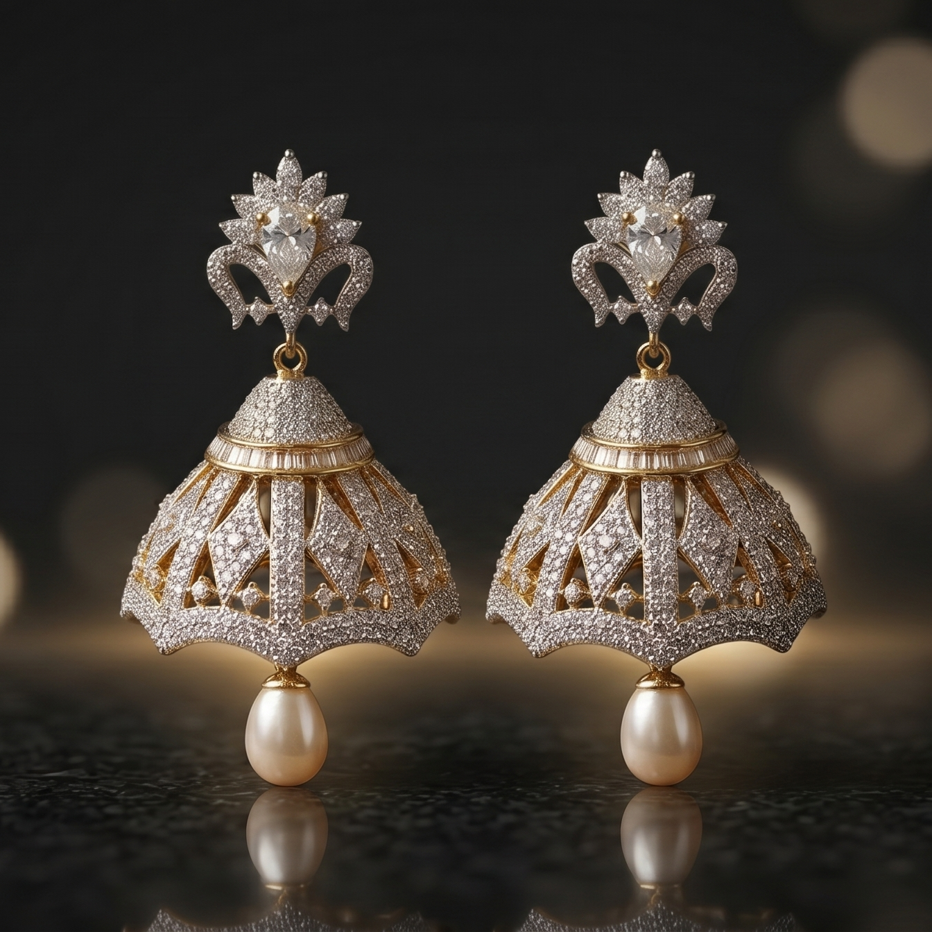 Pair of ornate earrings with pearls on a dark background