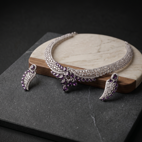 Jewelry set with necklace and earrings on a dark surface