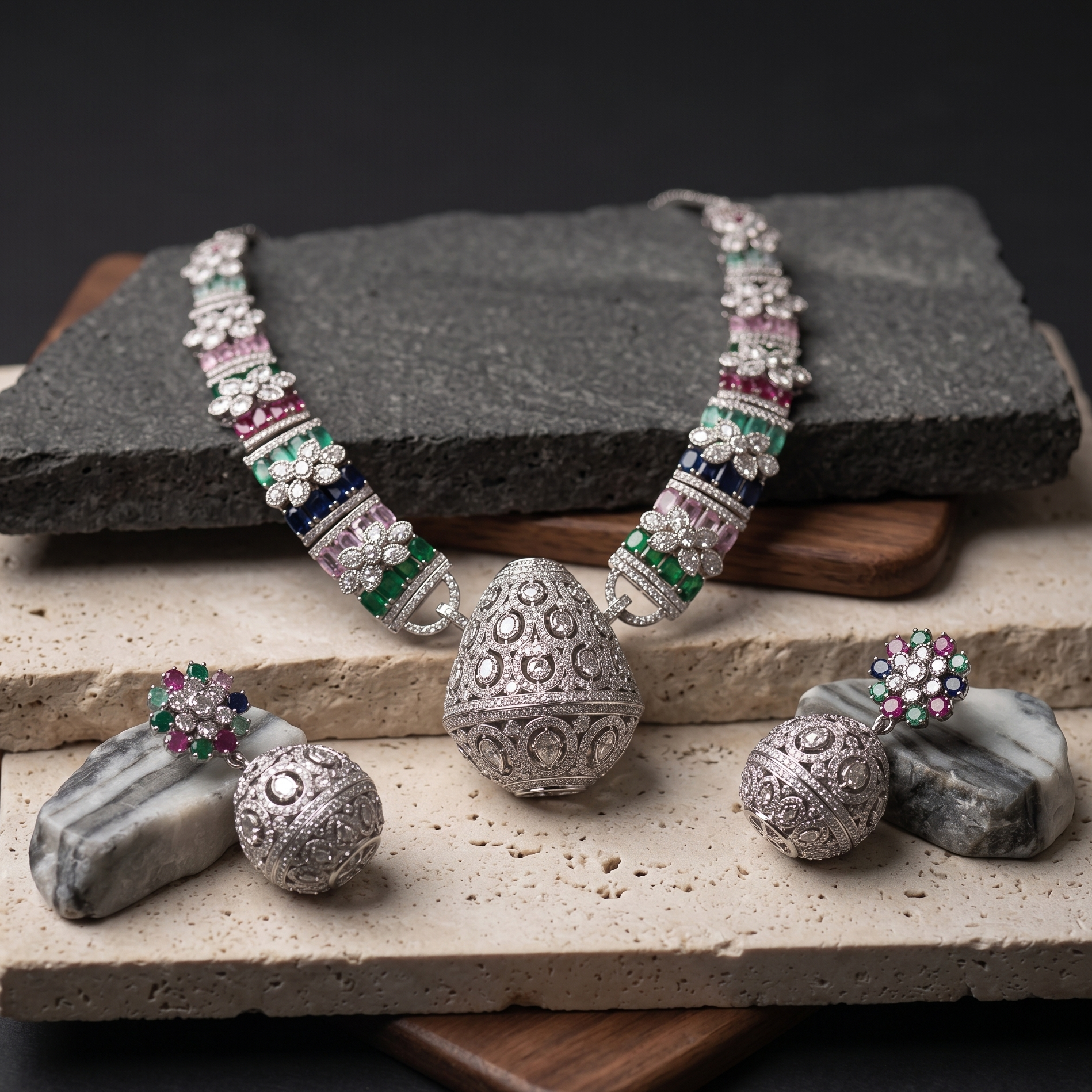 Silver jewelry set with gemstones on a stone surface