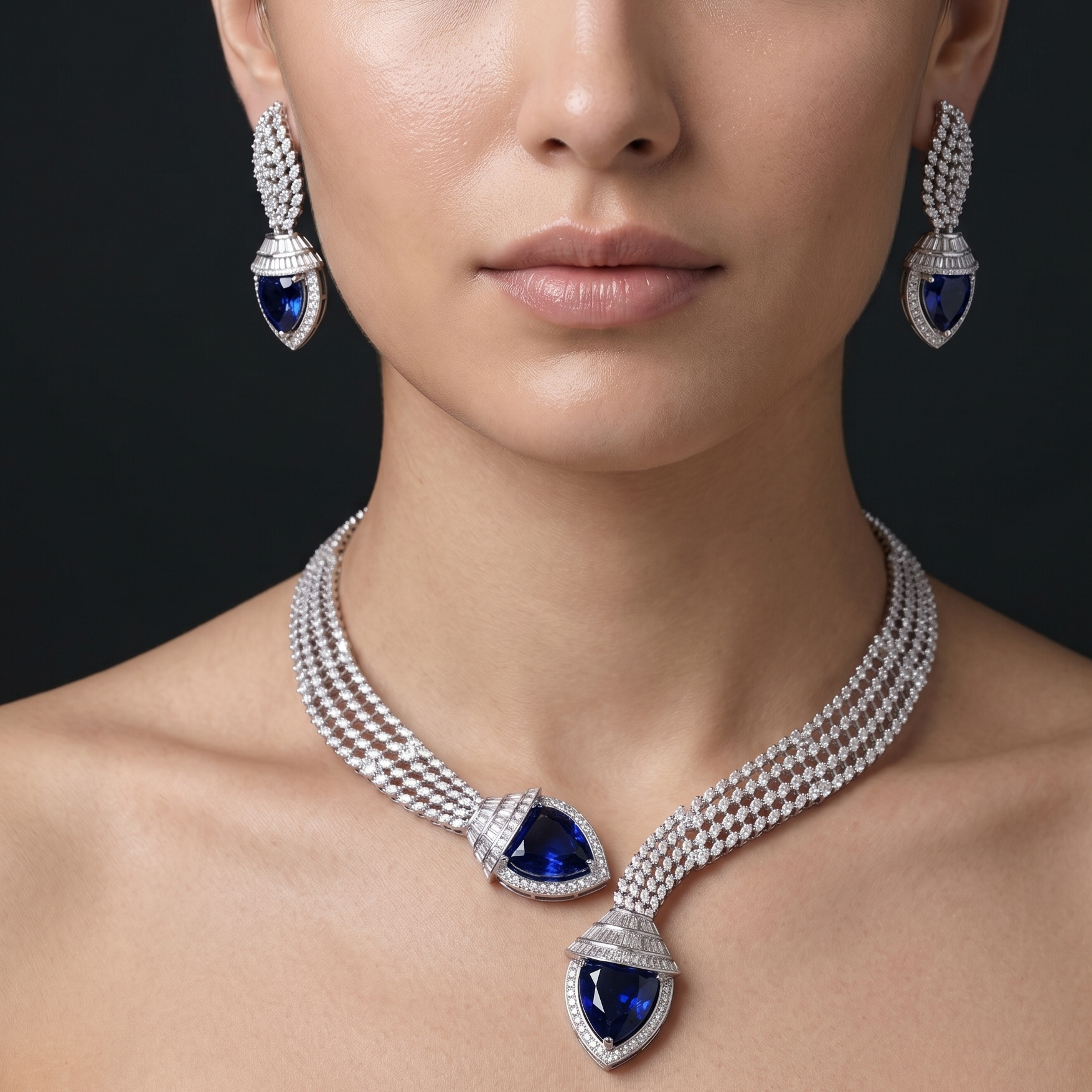 Woman wearing a silver necklace with blue gemstones and matching earrings on a black background