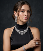 Woman wearing a black dress with silver jewelry against a dark background