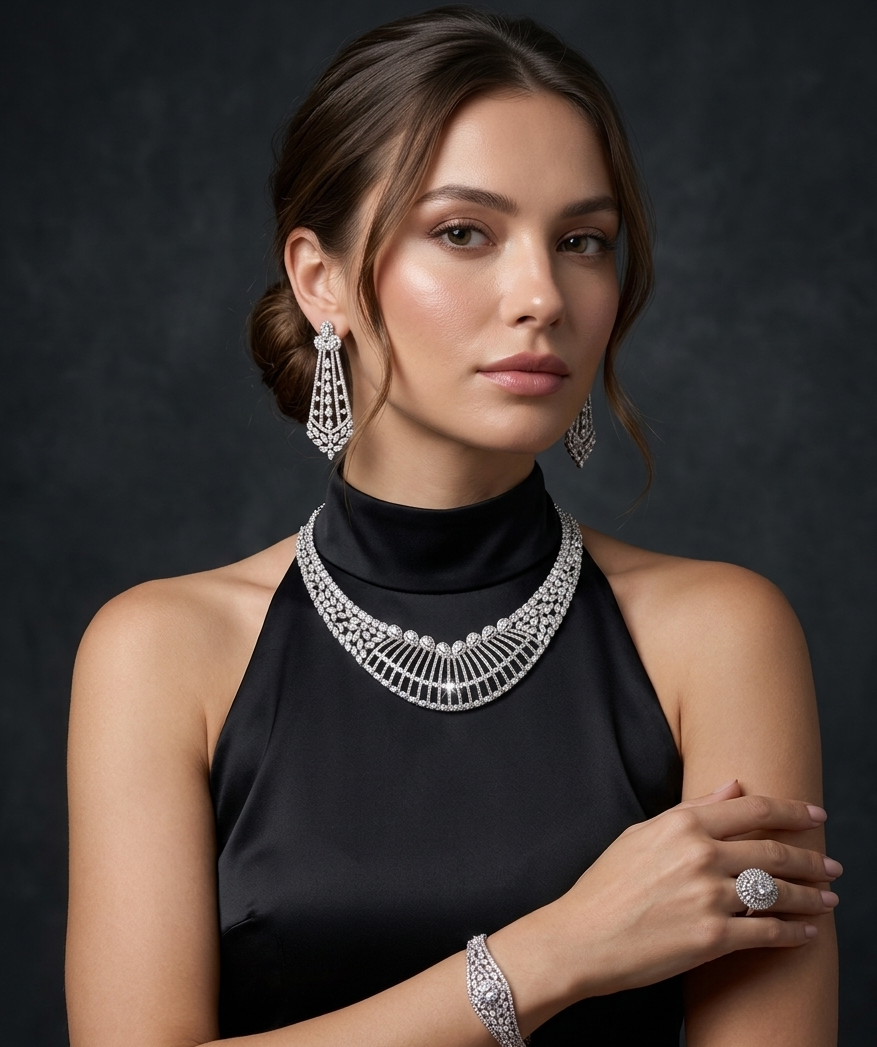 Woman wearing a black dress with silver jewelry against a dark background