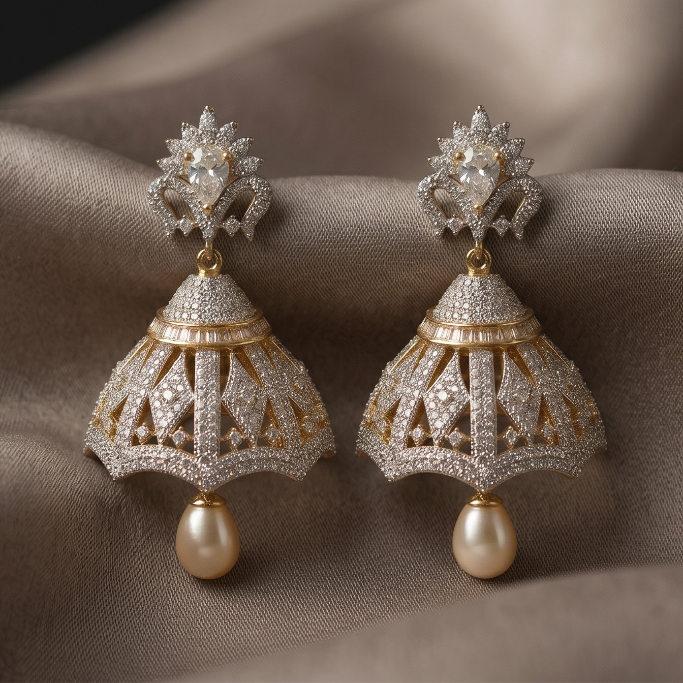 Pair of ornate earrings with pearl drops on a textured fabric background