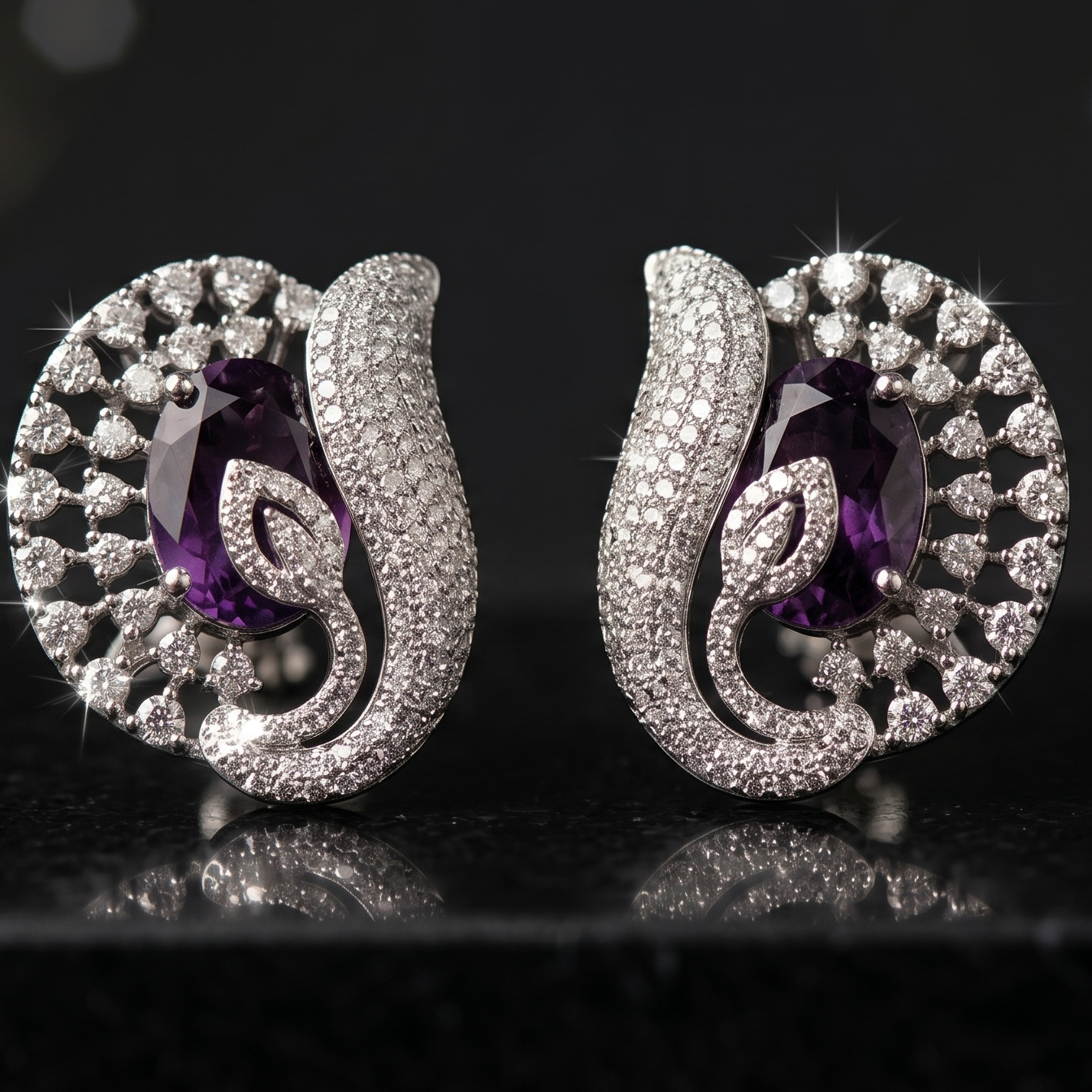 Pair of silver earrings with purple gemstones on a black background