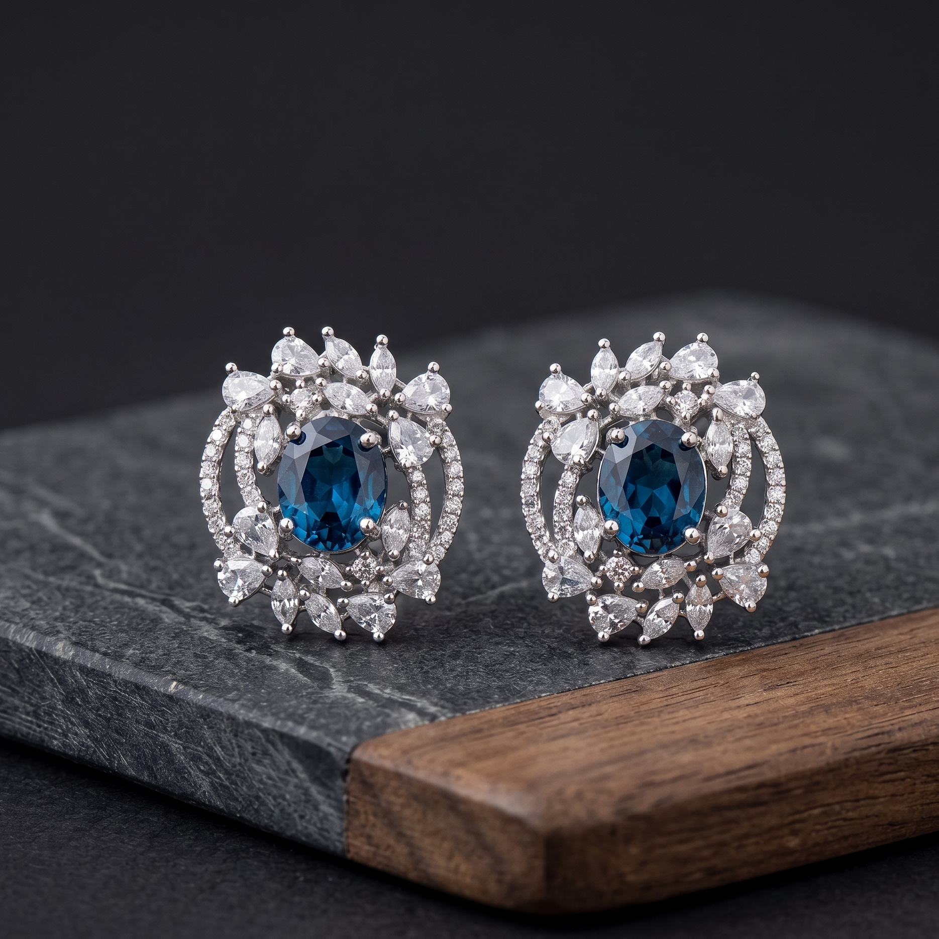 Pair of silver earrings with blue gemstones on a dark surface