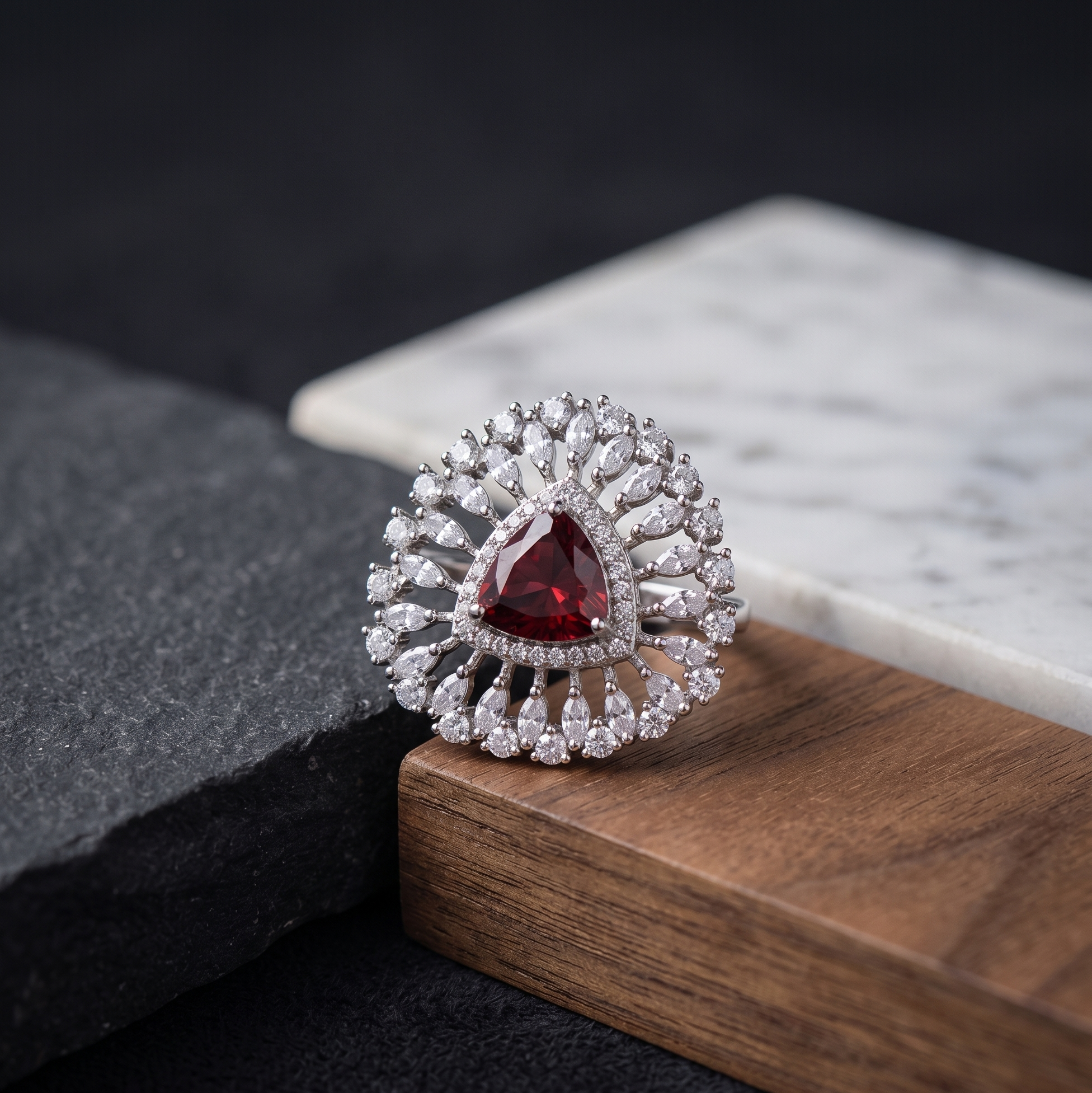 Elegant ring with a red gemstone and diamond accents on a dark surface