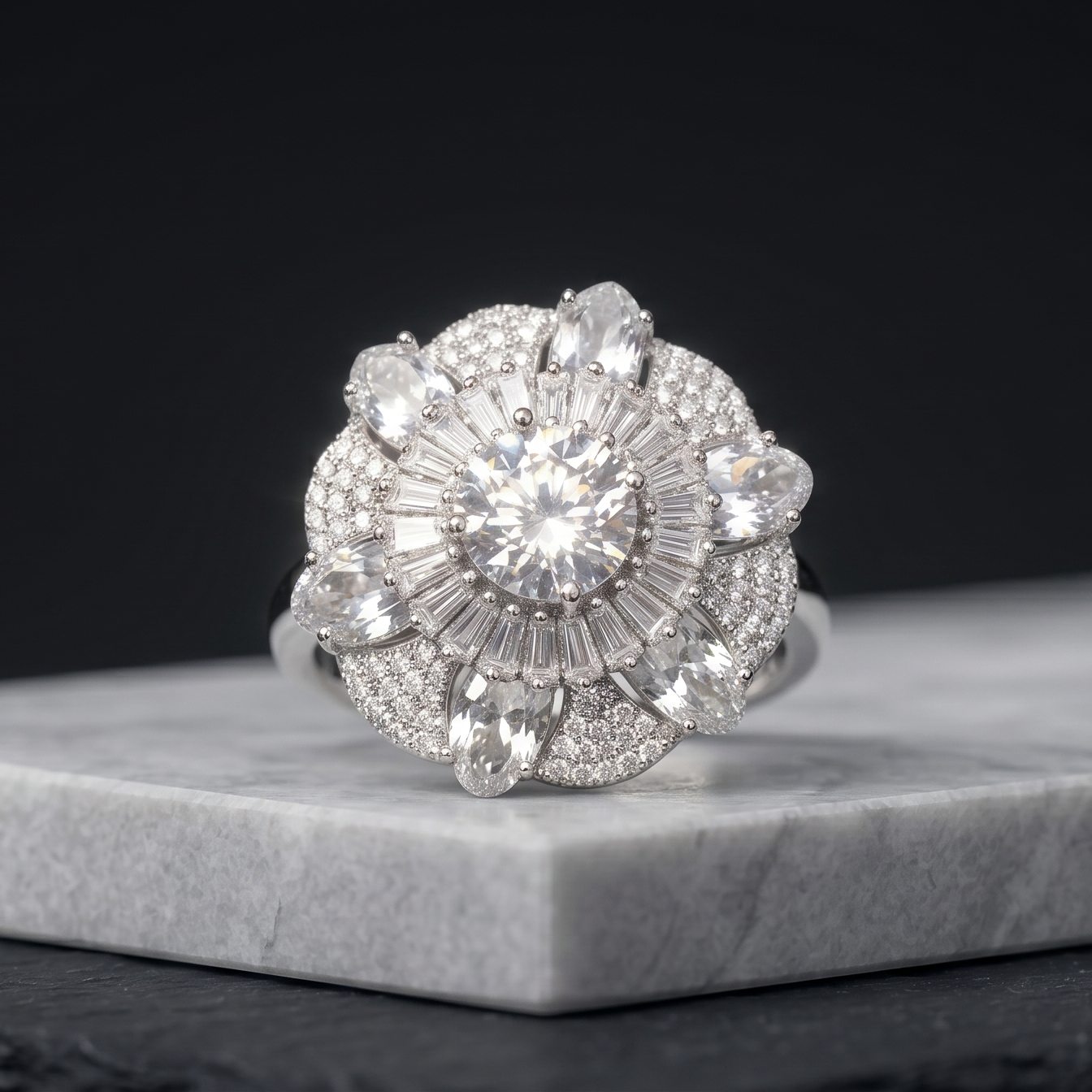 Diamond ring on a marble surface with a black background