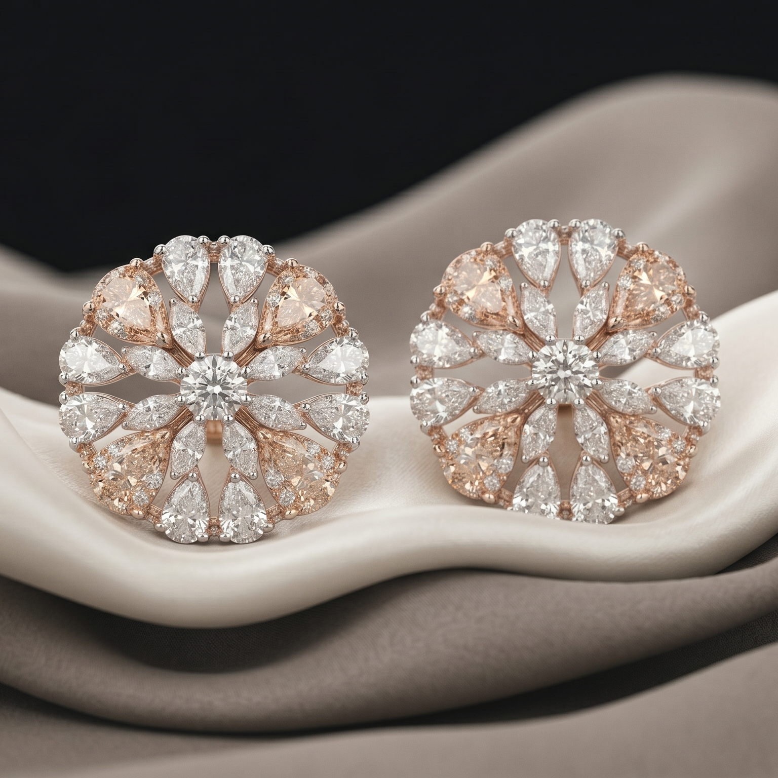 Pair of rose gold and diamond earrings on a beige fabric background